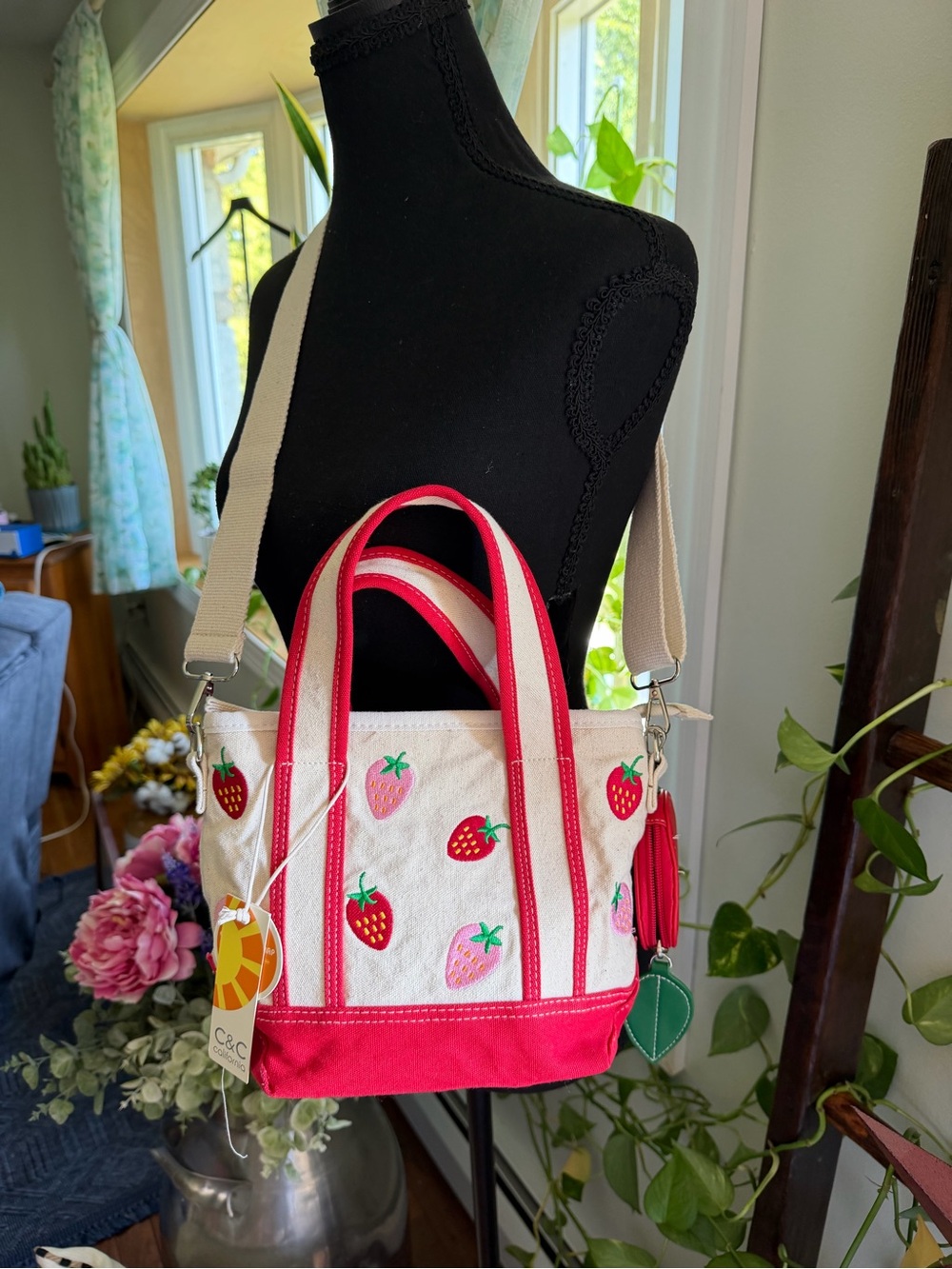C&C California White Canvas Strawberries Tote with Red Trim